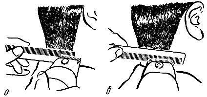 Рис. 42. Сведение волос на нет машинкой по плоскости расчески: а - зубья расчески направлены вверх; б - зубья расчески направлены вниз