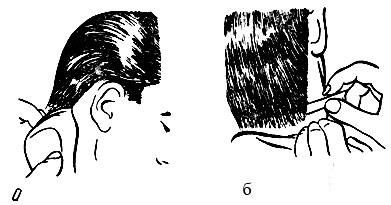 Рис. 57. Окантовка волос различными инструментами: а - электромашинкой; б - опасной бритвой
