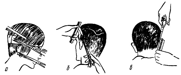 Рис. 59. Приемы окантовки волос ножницами: а - правого височного участка; б - за левой ушной раковиной; в - за правой