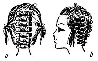 Рис. 62. Очередность накрутки волос на коклюшки различных участков волосяного покрова головы: а - затылочного; б - височного