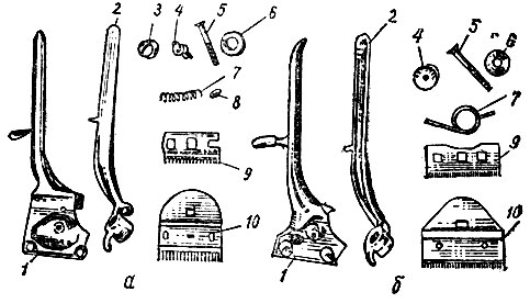 Рис. 3. Ручные машинки в разобранном виде: а - со спиральной пружинкой; б - с кольцевой пружинкой; 1 - цельнолитой корпус с неподвижной ручкой; 2 - подвижная ручка; 3 - пробка; 4- гайка; 5 - центральный винт; б - шайба; 7 - пружина; 8 - чашечка; 9 - верхняя подвижная гребенка; 10 - нижняя неподвижная гребенка