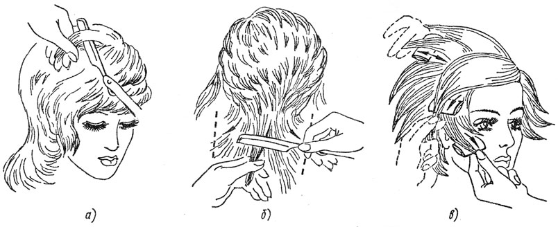 Рис. 53. Филировка волос с внутренней и внешней стороны прядей опасной и безопасной бритвами: а - на темном участке, б - на затылочном участке, в - на височном участке