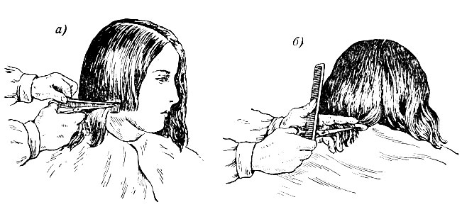 Рис. 143. стрижка краевой линии волос двумя способами: а - оттягиванием волос расческой; б - поддерживанием волос пальцами