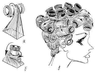 Рис. 33. Приемы накручивания волос на бигуди IV типа:  а - начальная стадия накрутки пряди волос, бигуди в горизонтальном положении; б - прядка волос накручена, бигуди зафиксированы в вертикальном положении; в - общий вид комбинированного применения для укладки волос на бигуди II и IV типов и зажимов