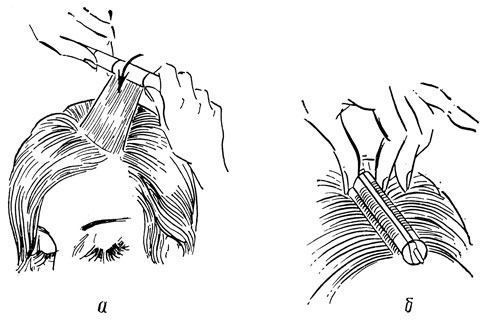 Рис. 35. Основные условия накрутки волос на бигуди:  а - ширина пряди волос не превышает длину бигуди; б - толщина накручиваемой пряди у основания равна диаметру бигуди