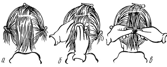Рис. 53. Подготовка волос к накручиванию на коклюшки: а - разделение волосяного покрова головы на участки; б - смачивание пряди волос составом для завивки; в - накручивание пряди волос на коклюшку