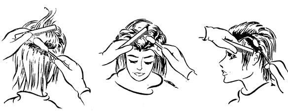 Рис. 58. Приемы нанесения обесцвечивающего состава ватным тампоном на корни волос